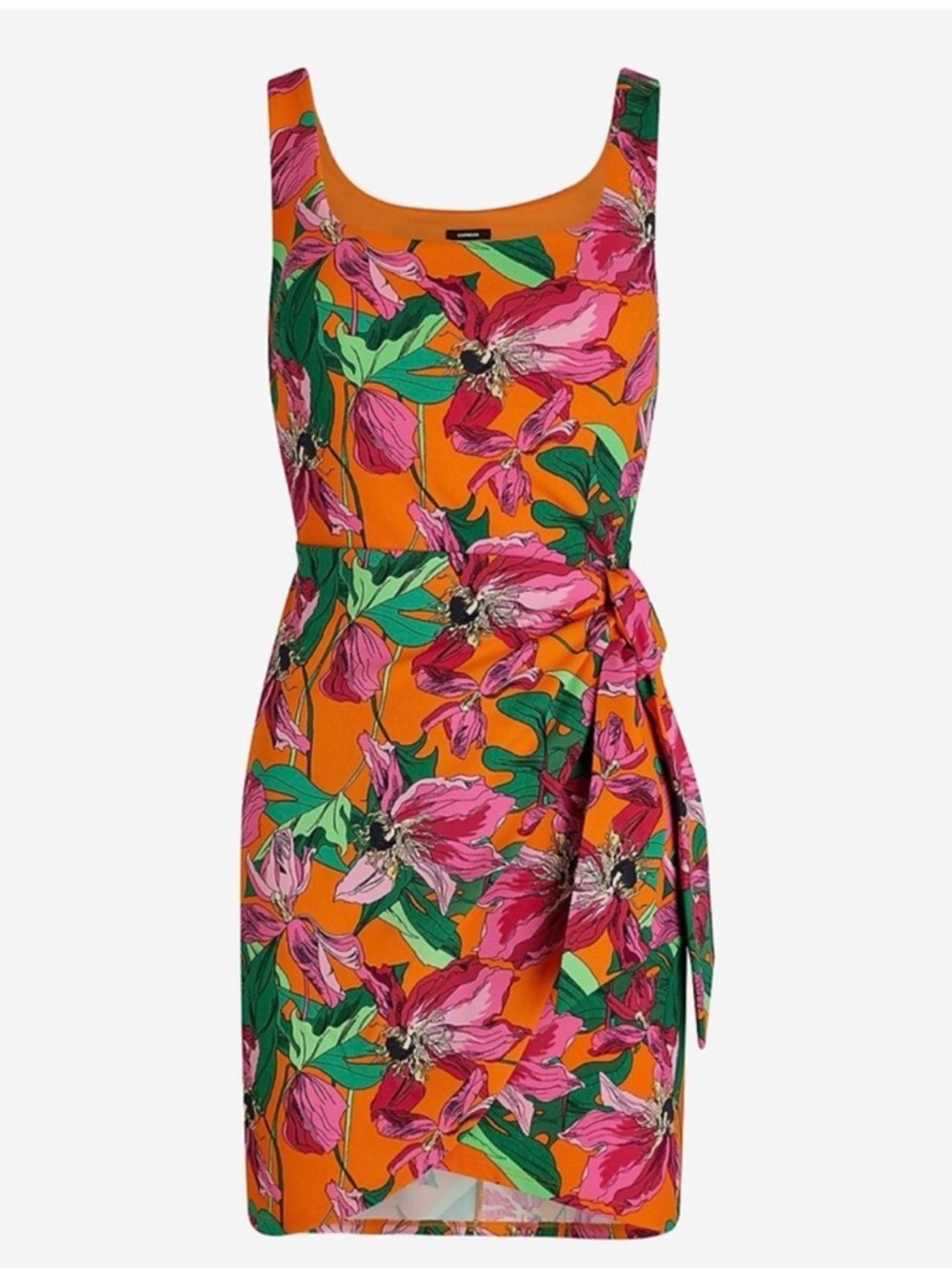 Express Orange Floral Mini Dress with Pink & Green Print